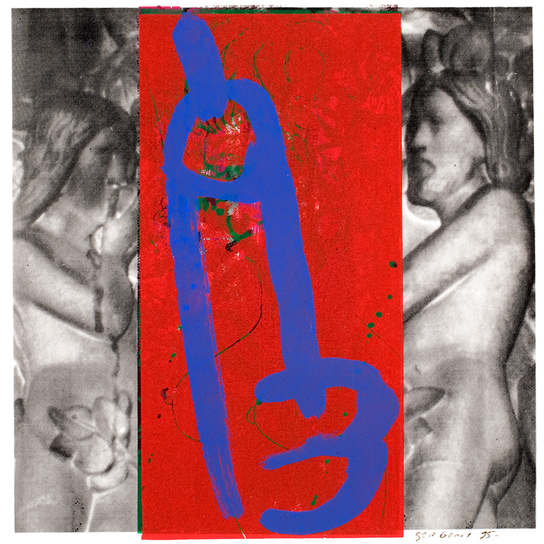 - Jean-Pierre Sergent, Ève, Adam & les graffitis, tirage unique, peinture acrylique sérigraphiée sur papier Rives B.F.K., 58 x 39 cm, New York, 1995.