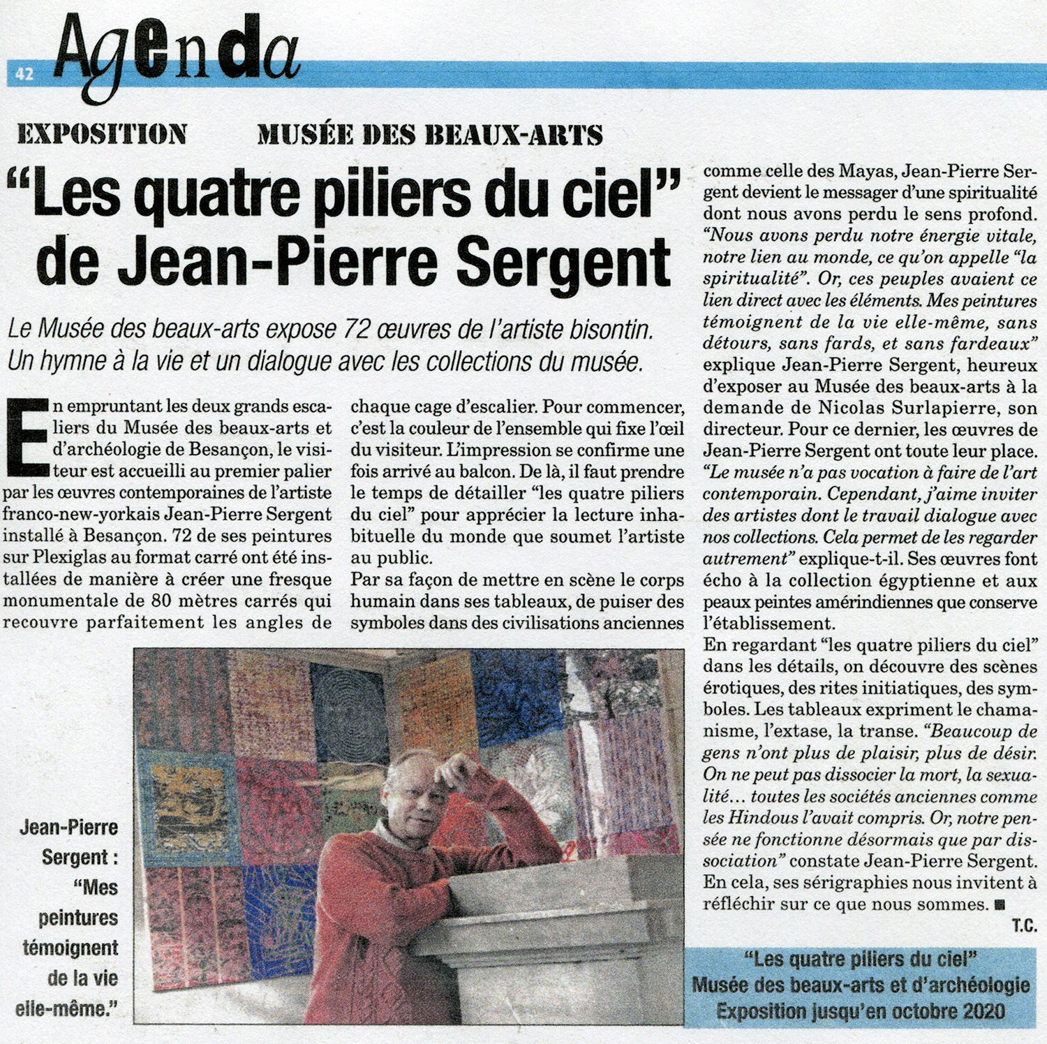 EXPOSITION AU MUSÉE DES BEAUX-ARTS "Les quatre piliers du ciel" de Jean-Pierre Sergent, par Thomas Comte pour La presse Bisontine, décembre 2019.