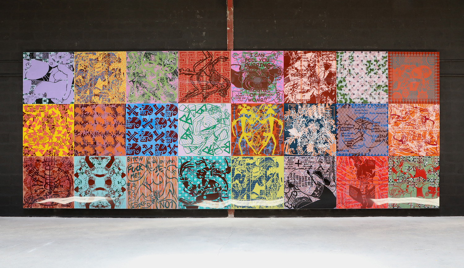 Jean-Pierre Sergent, MÉCANIQUES COSMIQUES DE LA JOUISSANCE, installation murale monumentale de 24 peintures (1.05 x 1.05 m), acrylique sérigraphiée sur Plexiglas, 8.40 x 3.15 m, été 2020 (in situ)