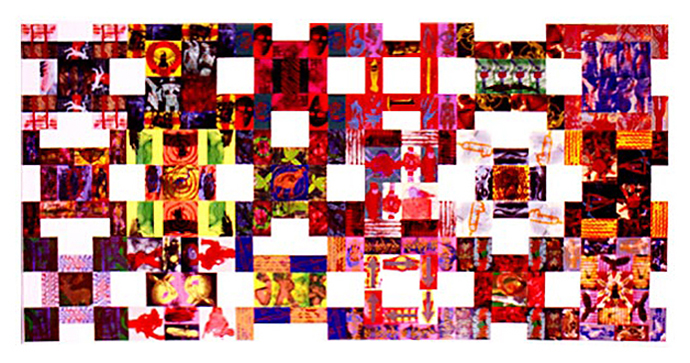 Jean-Pierre sergent, Vue de l'installation dans l'atelier de Dumbo, acrylique sérigraphiée et peinture sur Plexiglas, assemblage de 18 peintures, 3,15 x 6,30 m,1994