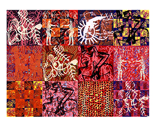 Jean-Pierre sergent, "Desire & The Hurricane", Installation murale à New York, acrylique sérigraphiée et peinture sur Plexiglas, assemblage de 12 peintures, 3,15 x 4,20 m,1999