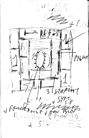 Jean-Pierre Sergent, "Croquis" pour la réalisation des modules carrés d'assemblage de Plexiglas, Crayon sur papier, 1995