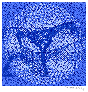 Jean-Pierre Sergent, Le désir, la matrice, la grotte et le lotus blanc #262, 2014, peinture acrylique sérigraphiée sur Papier Rives BFK, 0.25 x 0.25 m