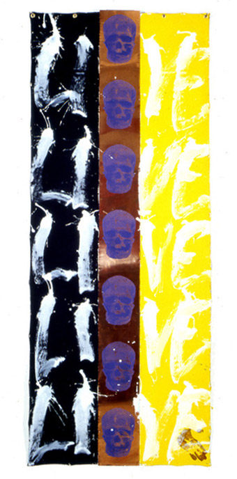 Jean-Pierre Sergent - Live, peinture acrylique & sérigraphie sur bande de cuivre collée sur toile, 1992, 2.79 x 2.24 m