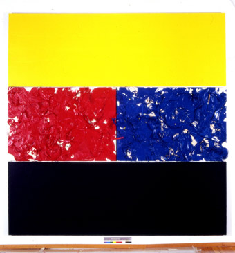 Jean-Pierre sergent - Dernière abstraction, quadriptyque, peinture acrylique, journaux & objets sur toile, 1992, 2.76 x 2.76 m