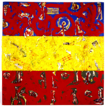 Jean-pierre Sergent - History of Chaos, quadriptyque, peinture acrylique & paint-stick, journaux, Plexiglas, sérigraphies & objets sur toile, 1992, 2.76 x 2.76 m
