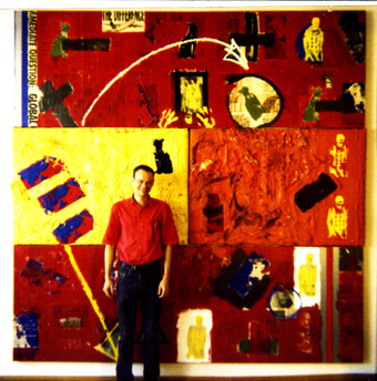 Jean-PIerre Sergent, Welcome to reality, quadriptyque, peinture acrylique & paint-stick, journaux, Plexiglas, sérigraphies & objets sur toile, 1992, 2.76 x 2.76 m