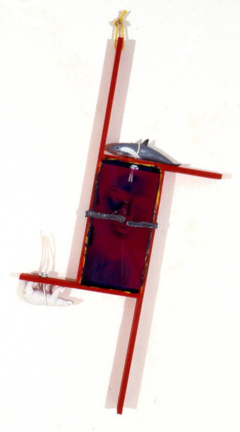 - Anima, Dolphin & Bear, Brooklyn studio's, peinture acrylique, sérigraphie sur Plexiglas, ficelle, plomb & jouets sur bois, 1993, 1.05 x 0.76 m