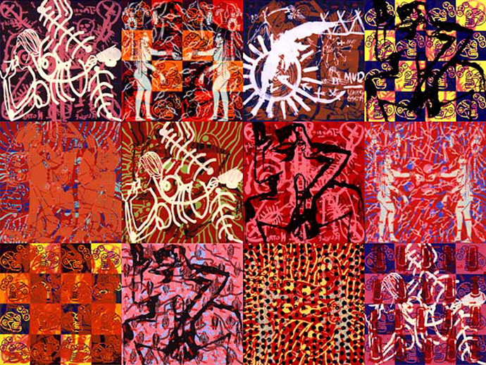 Jean-Pierre Sergent, Mayan Diary, Gallery 138, New York, assemblage de 12 peintures, acrylique sérigraphiée sur Plexiglas, 2002, 3.15 x 4.20 m