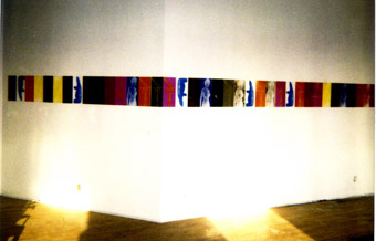 Jean-Pierre Sergent, Wall installation, Montréal, assemblage de 52 peintures, acrylique sérigraphiée sur Plexiglas, 1992,  0.35 x 9.10 m