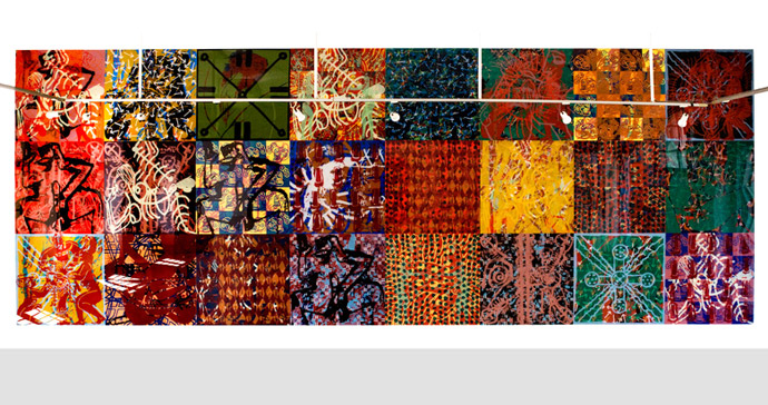 Jean-Pierre Sergent - Mayan Diary 24, Sale des îles Basses, Ornans, assemblage de 24 peintures, acrylique sérigraphiée sur Plexiglas, 2007