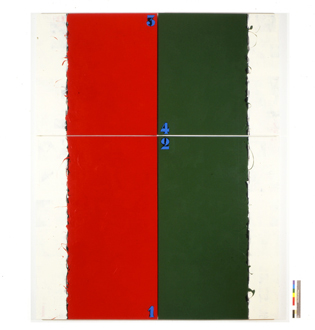 Jean-Pierre Sergent, Les portes vers ailleurs -1,2,3,4, quadriptyque, peinture acrylique, billes de verre & journaux sur toile, 1992, 2.79 x 2.24 m